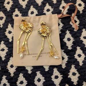 Mignonne Gavigan Gold Floral Drop Earrings with Pearl Accent